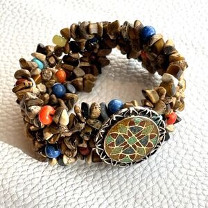 CAROLYN POLLACK Bracelet 925 Silver Jasper Tiger's Eye Cluster Stretchy Mosaic